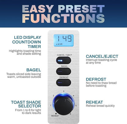 Elite Gourmet ECT2145 Extra Wide Slot 2-Slice Toaster, Bagel Function Reheat, Defrost, & Cancel Functions, 6 Toast Settings, Built-in Warming Rack, Countdown Timer, Stainless Steel