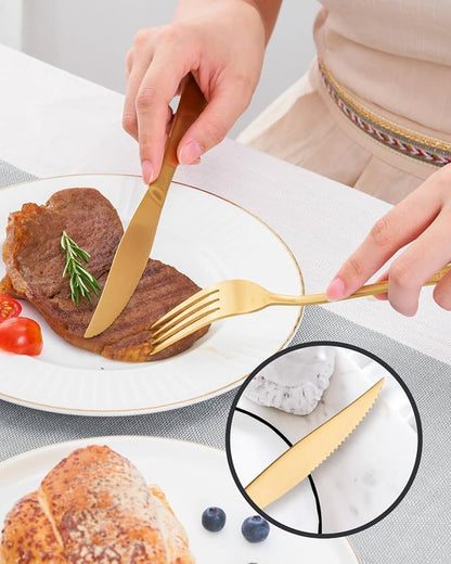 Matte Gold Silverware Set with Steak Knives,Stainless Steel Flatware Set for 6,Modern Cutlery Utensils Set,Spoons and Forks Set for Restaurant,Dishwasher Safe (Gold, 36 Piece Set)