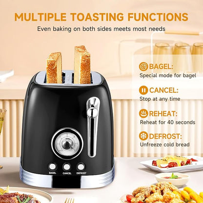Wiltal Retro Toaster 2 Slice, 1.58" Extra Wide Slot Stainless Steel with Dust Cover and Warming Rack, Glossy Black Finish with Defrost/Reheat/Cancel Functions, Removable Crumb Tray