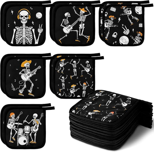 Bencailor 12 Pcs Pot Holders with Pocket Kitchen Hot Potholders Hot Pad Oven Mitts Cookie Bag Oven Gloves for Kitchen Gift Baking Cooking(Dark Black,Skull)