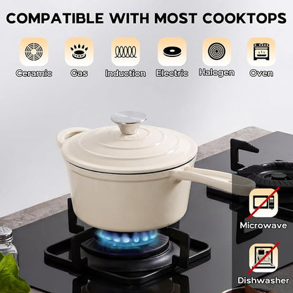 Onader Enameled Cast Iron Sauce Pan, 1QT Small Saucepan with Lid, Cast Iron Sauce Pot, Enamel Dutch Oven, Nonstick & Heavy Duty – Cream White