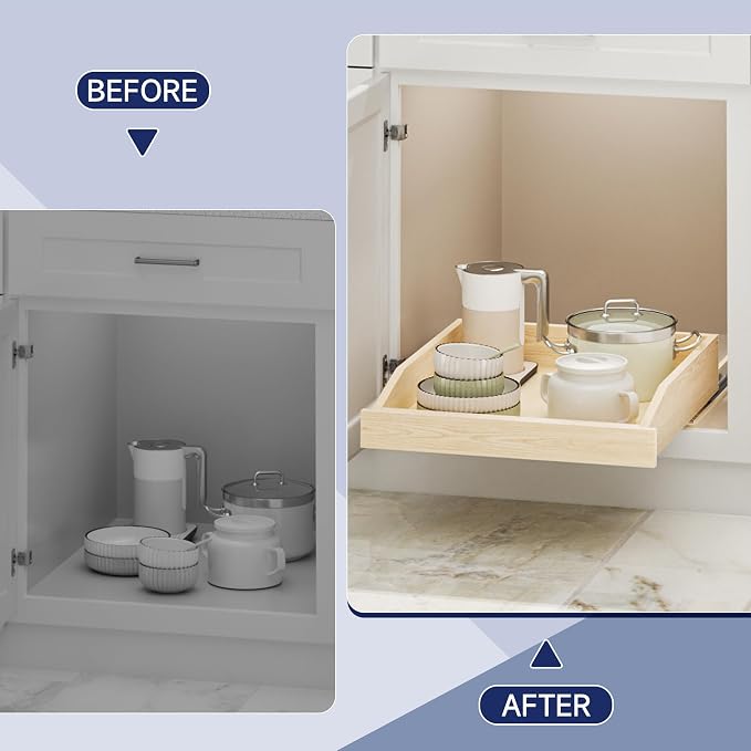 Pull Out Cabinet Organizer 19.5" W x 21" D, Soft Close Slide Out Wood Drawer Shelf for Kitchen Cabinets, Pull Out Cabinet Drawer for Base Cabinet, Pantry and Bathroom Storage, Bottom Mount