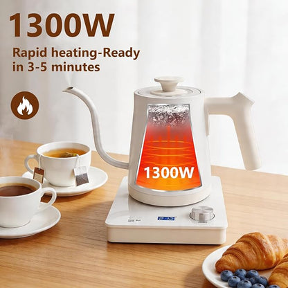 Electric Gooseneck Kettle White with Digit LED Display and Dial Control, Pour Over Kettle for Coffee & Tea, Hot Water Boiler, Stainless Steel Inner Lid & Bottom, 1300W, 0.8L