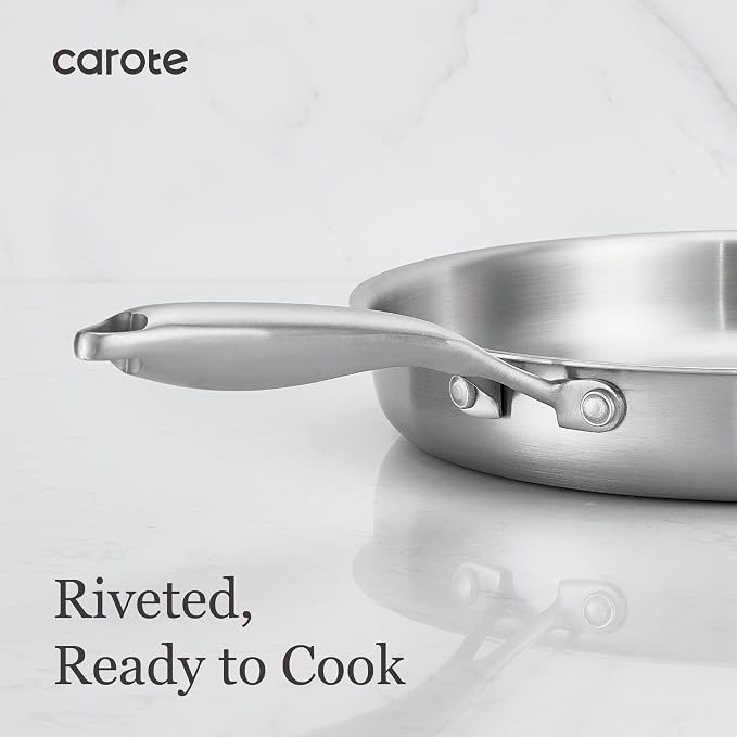 CAROTE 7-Piece Tri-Ply Stainless Steel Frying Pan Set, Skillet Set 8"/10"/12", Induction Compatible, Oven & Dishwasher Safe, Silver Handle