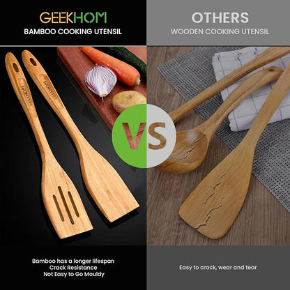 GEEKHOM Slotted Wooden Spurtle Bamboo Turners : 13 Inch Long Handle for Sourdough Starter, Mixing Reaching Jar Bottom, Nonstick Cookware 2 Pack