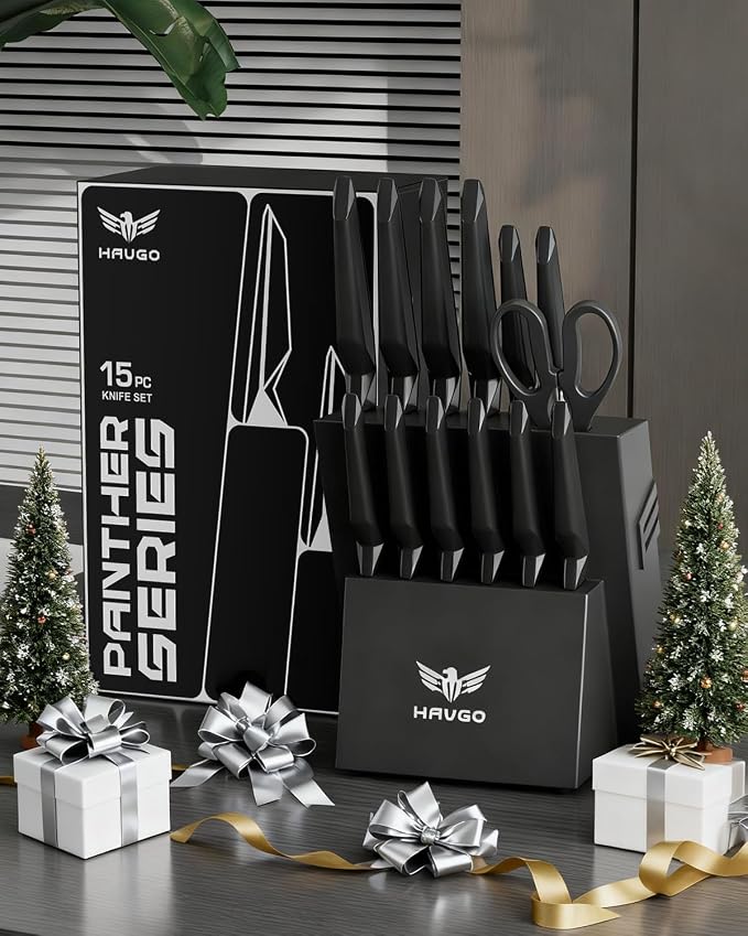 Kitchen Knife Set with Block: 15-Piece High Carbon Stainless Steel Professional Knives - Comfortable Grip Reduces Hand Fatigue 30% - Dishwasher Safe and Sharpener - Black Knife Set for Cooking