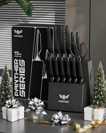 Kitchen Knife Set with Block: 15-Piece High Carbon Stainless Steel Professional Knives - Comfortable Grip Reduces Hand Fatigue 30% - Dishwasher Safe and Sharpener - Black Knife Set for Cooking