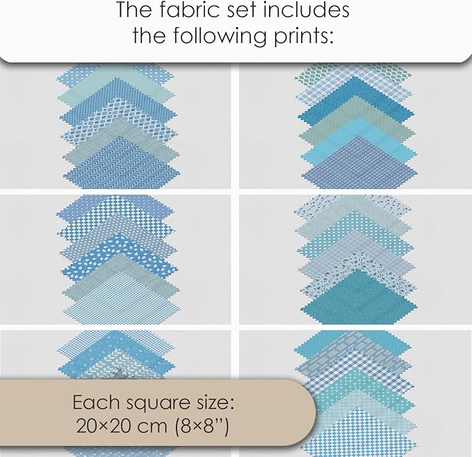 Cotton Satin Patchwork Fabric Panel – 35 Designs, 20×20 cm Squares, Single Piece 150×110 cm, Blue Patchwork Quilt Fabric(Ocean Breeze Patchwork Set, 35pcs 8x8 inch)
