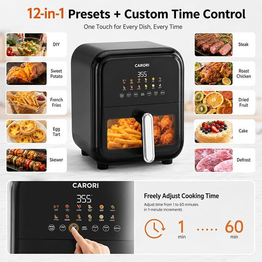 CARORI 7.5 Qt Air Fryer with Viewing Window, 12 Presets and DIY Mode, 1700W, Large Nonstick Dishwasher-Safe Basket, Air Fry, Bake, Roast, Reheat, Dehydrate, Black