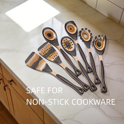7PCS Pakkawood Kitchen Utensil Set | Heart-Shaped Wooden Spoons for Cooking | Heat-Resistant Wooden Spoons | Kitchen Essential Gift | Tuscan Brown