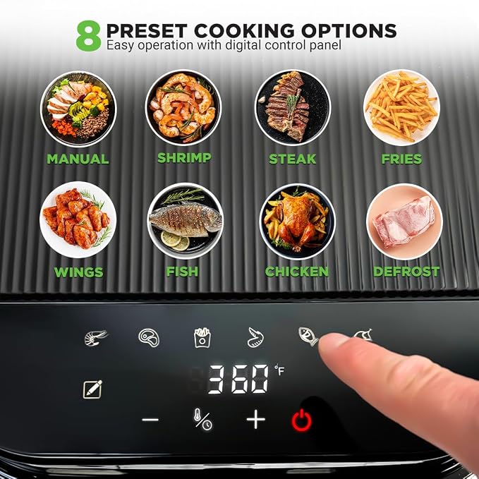 Nutrichef 5.8 Quart Air Fryer | 8-1 Preset Cook Modes | Transparent Fry Bowl for Best Cooking Results | Cook Shrimp, Steak, Fries, Wings, Chicken & More | Precise Temperature Control & Time | Grey