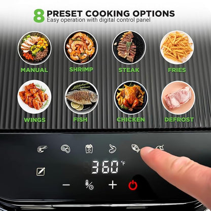 Nutrichef 5.8 Quart Air Fryer | 8-1 Preset Cook Modes | Transparent Fry Bowl for Best Cooking Results | Cook Shrimp, Steak, Fries, Wings, Chicken & More | Precise Temperature Control & Time | Grey