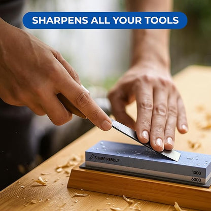 Sharp Pebble Premium Whetstone Knife Sharpening System – 1000/6000 Grit Whetstone Knife Sharpener & Honing Kit with Angle Guide & Non-Slip Bamboo Base – Guided Beginner Instructions