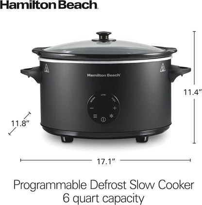 Hamilton Beach 6 Quart Set & Forget Programmable Slow Cooker with Defrost Function, Flexible Programming, Adjustable Countdown Timer, Large Dishwasher Safe Stoneware Crock and Glass Lid, Black (33765)