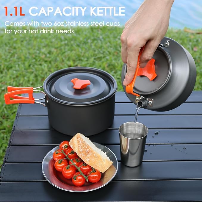 18Pcs Camping Cookware Mess Kit, Non-Stick Lightweight Camping Pots and Pans with 1.1L Kettle, 2 Set Stainless Steel Cups Plates Forks Knives Spoons for Backpacking, Hiking, Outdoor Cooking