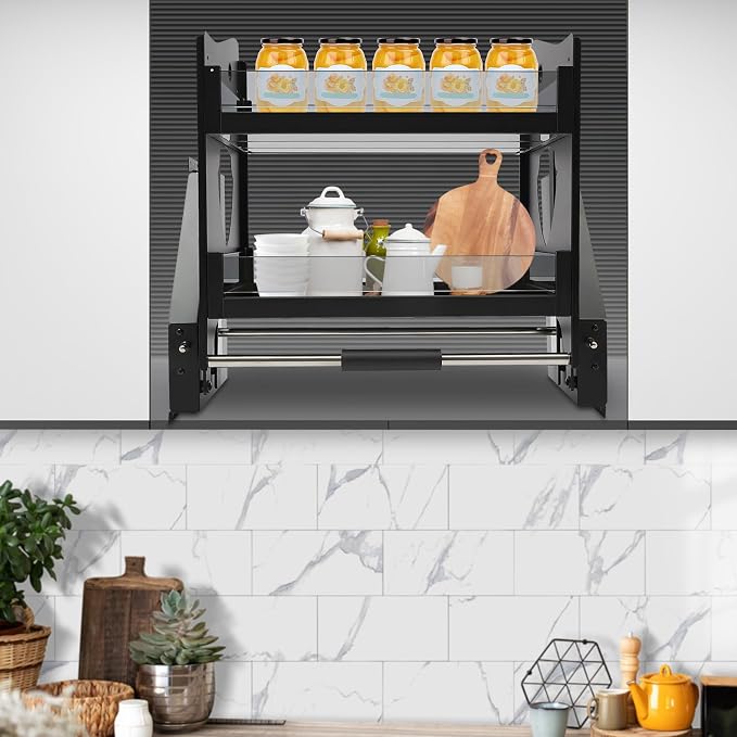 Pull Down Cabinet Organizer, 2-Tier Lowering Basket Rack for 22.05-23.23" Wide Upper Cabinet, 3-stage Weight Knob Tempered Glass Kitchen Storage Shelf, Hydraulic Damping Spice Rack, 22.05*11.02*20.87"