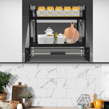 Pull Down Cabinet Organizer, 2-Tier Lowering Basket Rack for 22.05-23.23" Wide Upper Cabinet, 3-stage Weight Knob Tempered Glass Kitchen Storage Shelf, Hydraulic Damping Spice Rack, 22.05*11.02*20.87"