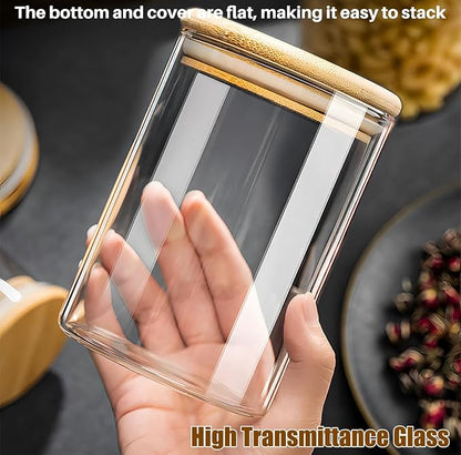 Glass Food Storage Jars with Airtight Lids, Clear Glass Jar with Bamboo Lid, Airtight Food Canister for Tea, Candy, Coffee, Sugar, Cookie, Snack. (Square | 5+6 Inch | 38+20 oz)