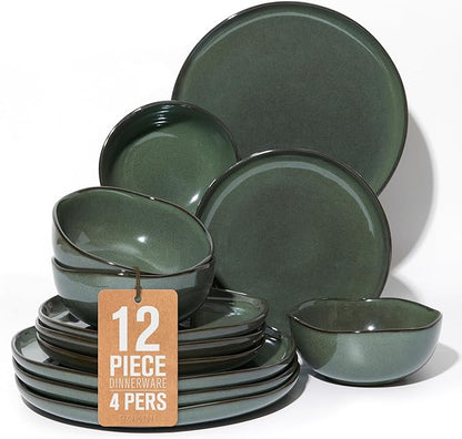 Pokini Ceramic Plates and Bowls Set, Everyday Dinnerware Set for 4, Wavy Rim Kitchen Dish Set, Chip Resistant Dishware Sets, Dishwasher Safe Dinner Set, Designed for Simple Meals, Forest Green