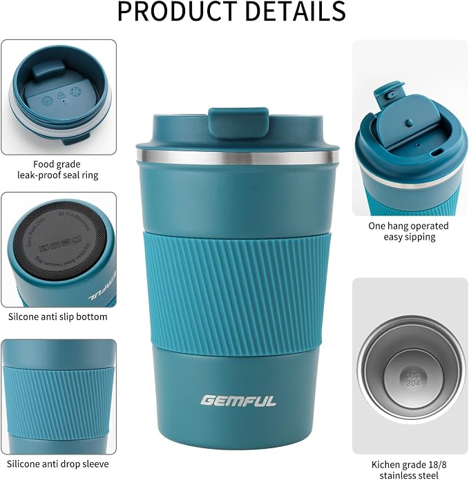 GEMFUL Coffee Mug with Lid 13 oz Spill Proof Leak Proof Stainless Steel Travel Mug Insulated Coffee Tumbler Reusable Keeps Cold and Hot for Car Daily Travel Gifts (Blue)
