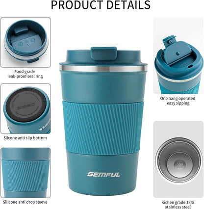GEMFUL Coffee Mug with Lid 13 oz Spill Proof Leak Proof Stainless Steel Travel Mug Insulated Coffee Tumbler Reusable Keeps Cold and Hot for Car Daily Travel Gifts (Blue)