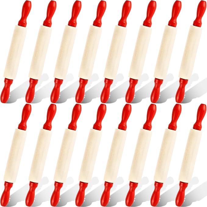 16 Pcs 8 Inch Mini Wooden Rolling Pins Small Wood Rolling Pin Wooden Roller with Red Handle for Kitchen Baking Pastry Cake Cookie Chef Role-playing Game