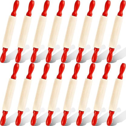16 Pcs 8 Inch Mini Wooden Rolling Pins Small Wood Rolling Pin Wooden Roller with Red Handle for Kitchen Baking Pastry Cake Cookie Chef Role-playing Game
