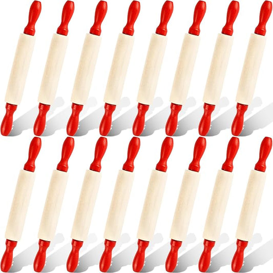 16 Pcs 8 Inch Mini Wooden Rolling Pins Small Wood Rolling Pin Wooden Roller with Red Handle for Kitchen Baking Pastry Cake Cookie Chef Role-playing Game