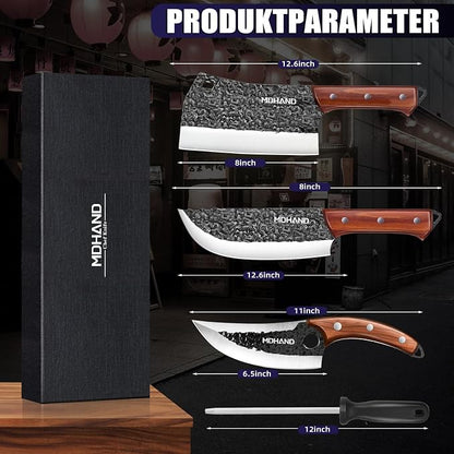 MDHAND Butcher Knife Set, 8PCS Hand Forged Butcher Chef Knife Set, High Carbon Steel Full Tang Kitchen Knives Set, Heavy Duty Meat Cleaver for Outdoor Camping BBQ, Gift for Men