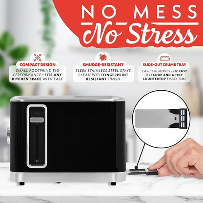Gourmia 4 Slice Toaster, Double-Sided – Dual Independent Controls, Bagel, Defrost & Reheat Mode, 6 Browning Levels, Extra Wide Slots, Removable Crumb Tray, Compact Design, Black
