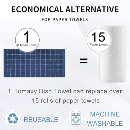 Homaxy 100% Cotton Terry Kitchen Towels(Navy Blue, 13 x 28 inches), Checkered Designed, Soft and Super Absorbent Dish Towels, 8 Pack