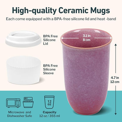 NOVA CERAMICS Coffee Travel Mug – Cup Holder Friendly Travel Mug– Microwave & Dishwasher Safe White & Purple Tumbler - Coffee Mug Fits In Cup Holder – 12oz – Astral Bloom