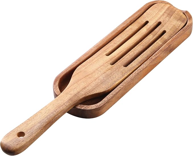 Wooden Spurtle Kitchen Utensils,QWKIT 6 Pcs Premium Natural Teak Wood Slotted Spurtle Spatulas Spoons Set for Nonstick Cookware Kitchen Cooking Heat Resistant Non Stick (with holder)
