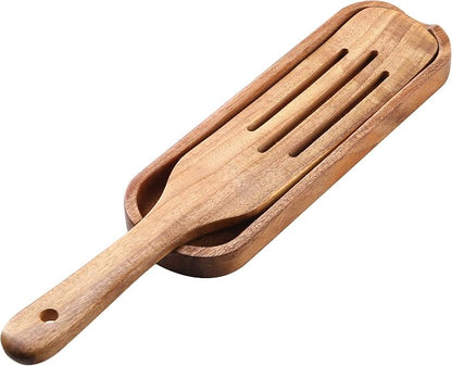 Wooden Spurtle Kitchen Utensils,QWKIT 6 Pcs Premium Natural Teak Wood Slotted Spurtle Spatulas Spoons Set for Nonstick Cookware Kitchen Cooking Heat Resistant Non Stick (with holder)