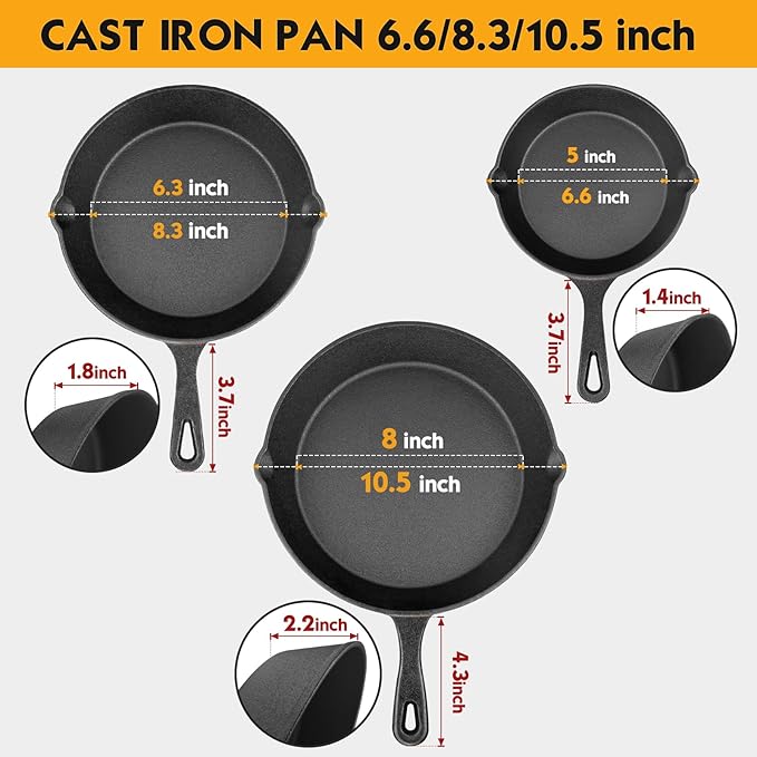Cast Iron Skillet Set -3 Piece 6 inch, 8 inch and 10 inch Cast Iron Pan, with Scraper+Dish Sponge - Oven Grill Stovetop Safe Cookware - Black