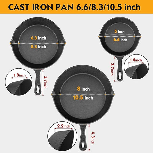 Cast Iron Skillet Set -3 Piece 6 inch, 8 inch and 10 inch Cast Iron Pan, with Scraper+Dish Sponge - Oven Grill Stovetop Safe Cookware - Black