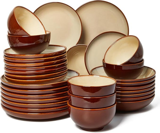 Pokini 32 Piece Double Bowl Dinnerware Sets with Pasta Bowls, Highly Chip and Crack Resistant Plates and Bowls Sets, Natural Earthyware Ceramic Dishware Sets, Service for 8 Brown Yellow