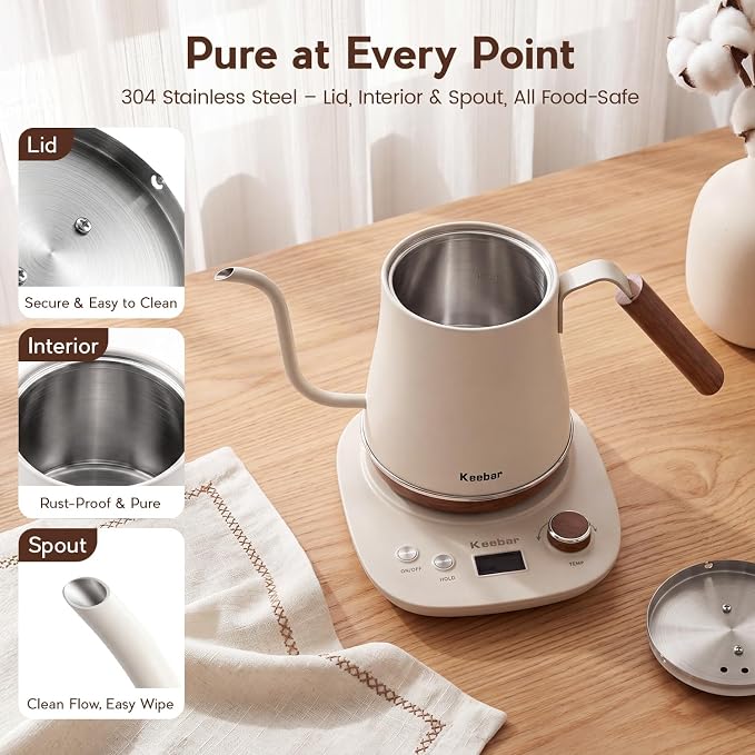 Electric Kettle, 1000W Quick Heating Gooseneck Kettles, 1.0L/33.82oz, 0.8mm Ultra-Fine Spout, Precise Water Flow Control, 304 Stainless Steel Inner, Auto Shut-Off, Boil Dry Protection, Matte Beige