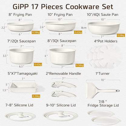 GiPP Ceramic Pots and Pans Set Non Stick, Nonstick Detachable Handle Cookware Sets, Healthy Non Toxic PFAS PFOA & PTFE Free, Dishwasher ＆Oven Safe, Induction Kitchen Pot and Pan