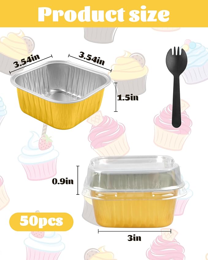 30 Pack 5oz Square Mini Cake Pans with Lids and Spoons,Aluminum Foil Baking Cups,Disposable Mini Loaf Pans Ramekins for Brownie, Cheesecake, Mousse & Wedding Party Favors-Gold