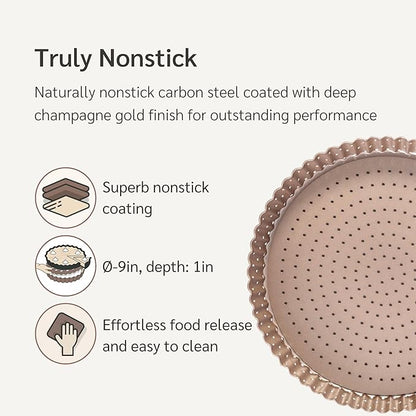 HAPPIELS 9in Tart Pan with Removable Bottom Nonstick, PFOA & BPA Free | Non Toxic Fluted Pie & Quiche Tin | Best Perforated Non Stick Nontoxic 9in Molds with Holes for Oven Baking