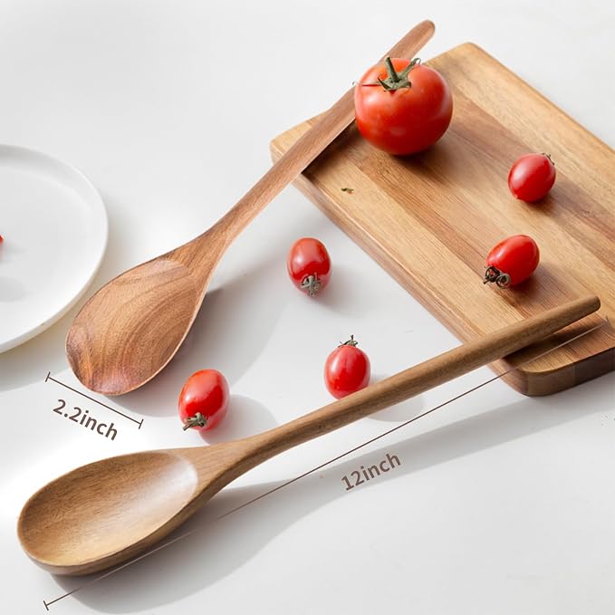 2PCS Acacia Wooden Spoons For Cooking 12-Inch Smooth Finish Cooking Spoons-Comfortable Grip Wood Spoons for Cooking - Non-Stick Cooking Utensils (Cooking Spoons 2pcs)