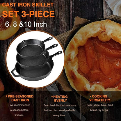 Suteck Cast Iron Skillets 3 piece set | 6", 8" & 10" Pre-Seasoned Cast Iron Pan with 3 Silicone Heat-Resistant Holders - Indoor and Outdoor Use - Oven Grill Stovetop Induction Safe Cookware