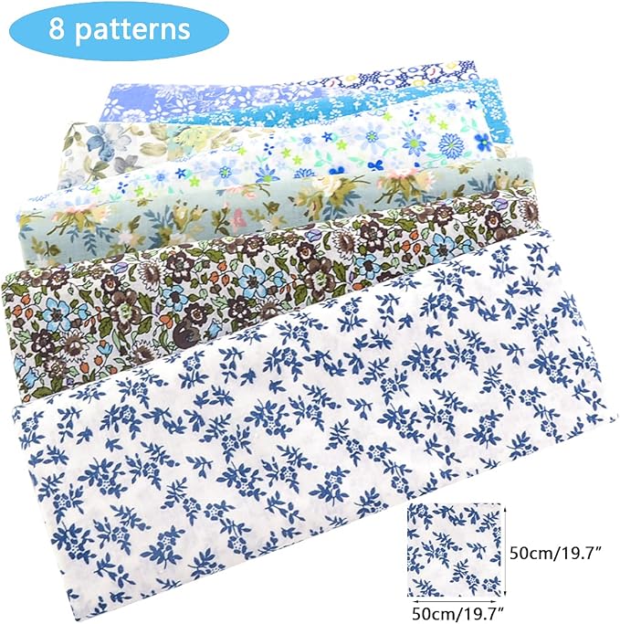 100% Cotton Craft Fabric -8 Pieces (20"x20"), Floral Cotton Fabric for Sewing, Bundle Squares Fabric, DIY Cloths Patchwork, Pre-Cut Quilting Fabric(Blue)