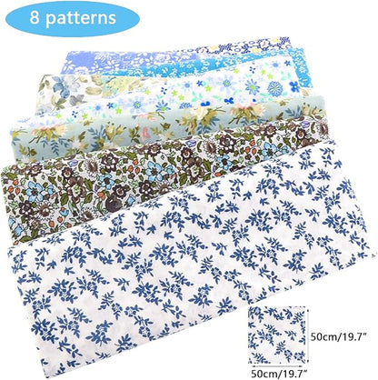 100% Cotton Craft Fabric -8 Pieces (20"x20"), Floral Cotton Fabric for Sewing, Bundle Squares Fabric, DIY Cloths Patchwork, Pre-Cut Quilting Fabric(Blue)