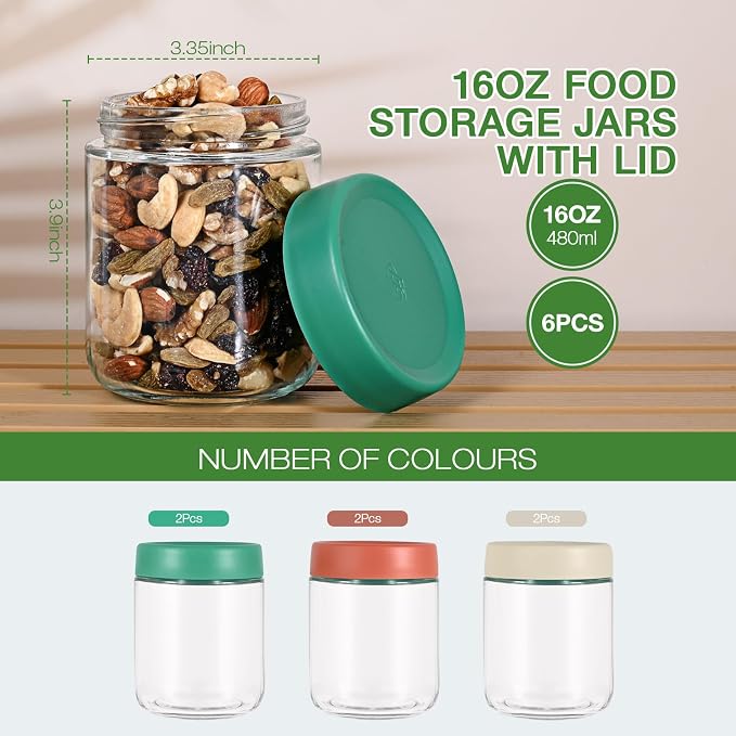 Hoa Kinh 16oz 6Pack Glass Food Storage Jars with Lids, Leak Proof Small Jars for Overnight Oats, Cereal, Clear Empty Glass Jar with Lids for Kitchen(Red, Green and White)