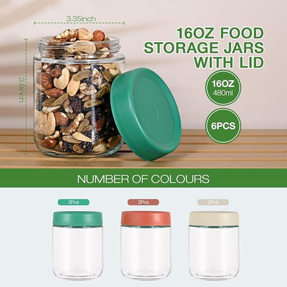 Hoa Kinh 16oz 6Pack Glass Food Storage Jars with Lids, Leak Proof Small Jars for Overnight Oats, Cereal, Clear Empty Glass Jar with Lids for Kitchen(Red, Green and White)