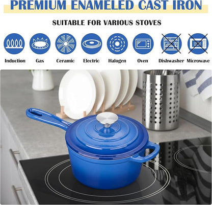 E-far Enameled Cast Iron Sauce Pan with Lid, 1 Quart Dutch Oven Saucepan, Mini Sauce Pot for Cooking, Boiling, Healthy & Non Toxic, Induction & Oven Safe, Deep Blue