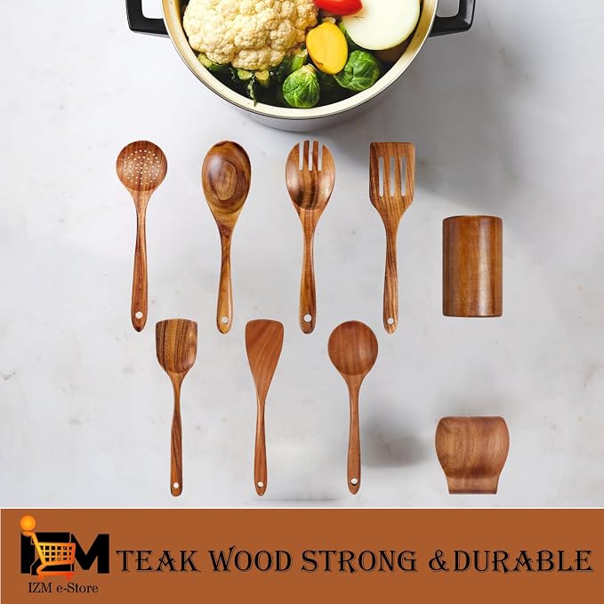 9 Pieces wooden utensil set premium cooking spoons wood cooking utensils teak wooden utensils set wood cooking utensils (9 Pieces Set)