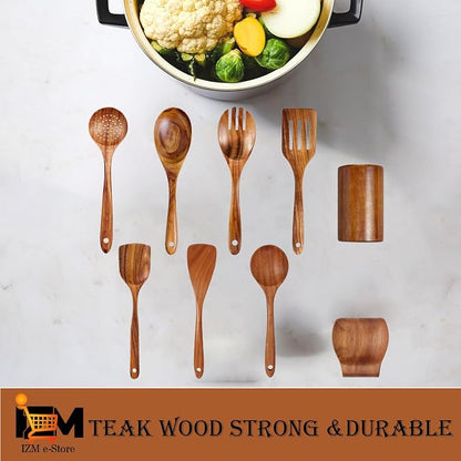 9 Pieces wooden utensil set premium cooking spoons wood cooking utensils teak wooden utensils set wood cooking utensils (9 Pieces Set)